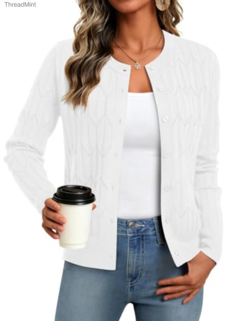 Womens Cable Knit Cardigan Crewneck Button Up Long Sleeve Fall Winter Layering